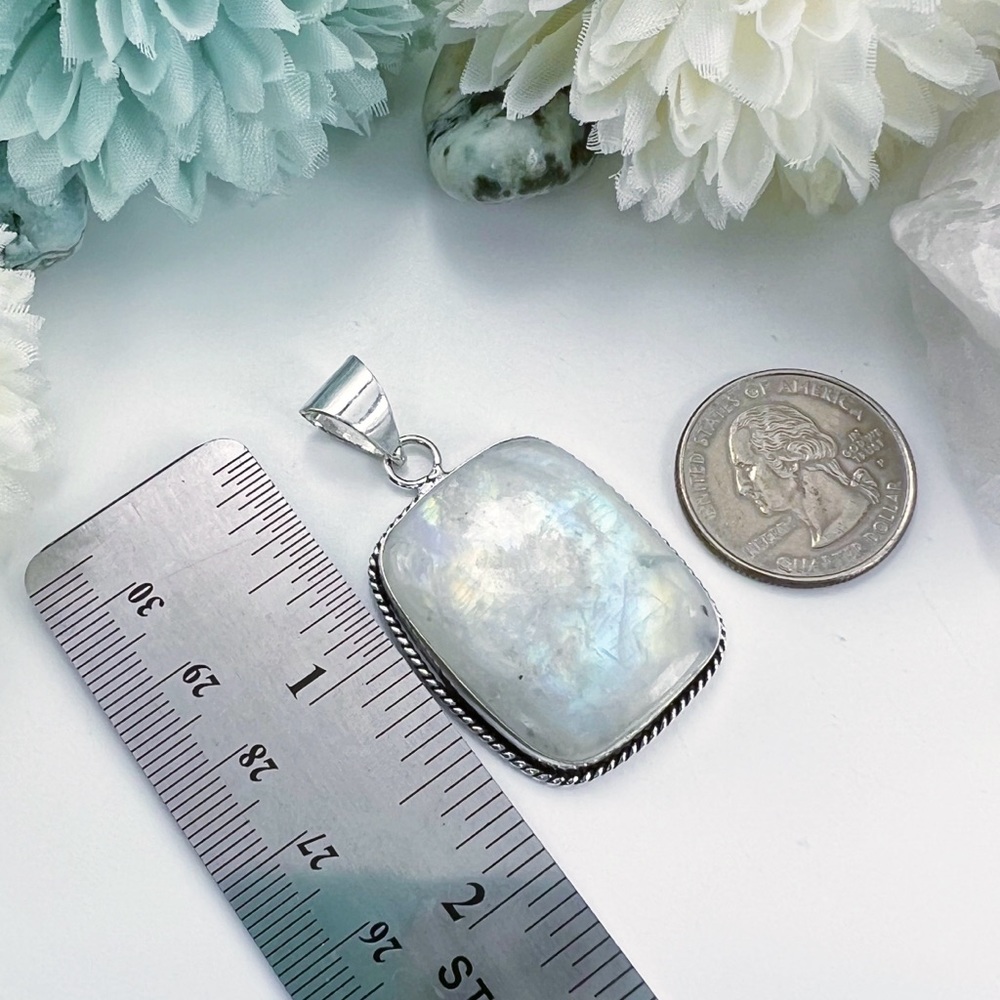 Rainbow Moonstone Pendant Sterling Silver 925 Rectangular Vintage Style New - Picture 4 of 7